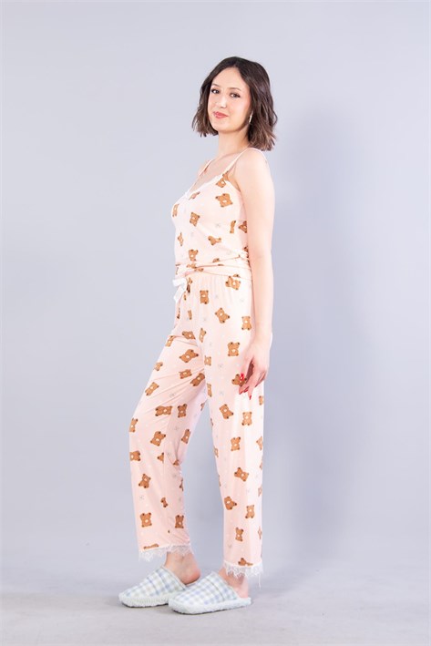 13924 Milan İp Askılı Uzun Alt Ayıcık Baskılı Pijama Takımı