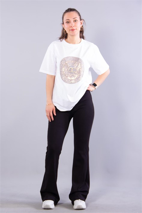 2001 Oc Taşlı Yuvarlak Desenli O Yaka T-shirt