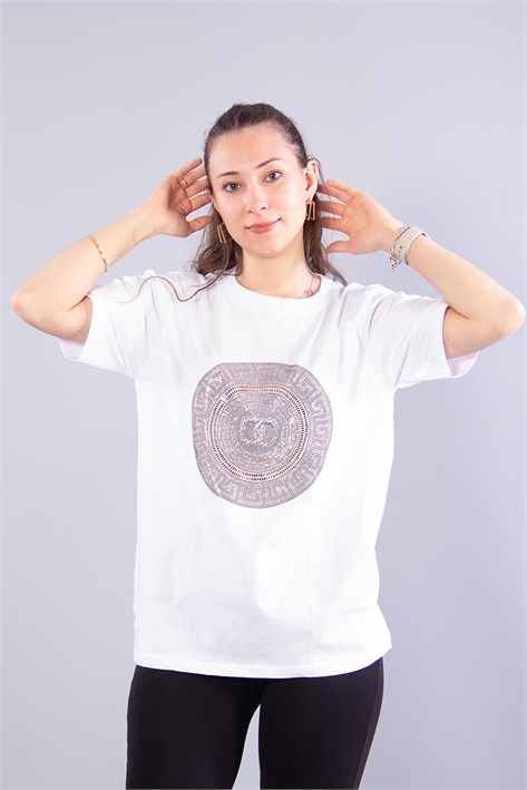 2001 Oc Taşlı Yuvarlak Desenli O Yaka T-shirt