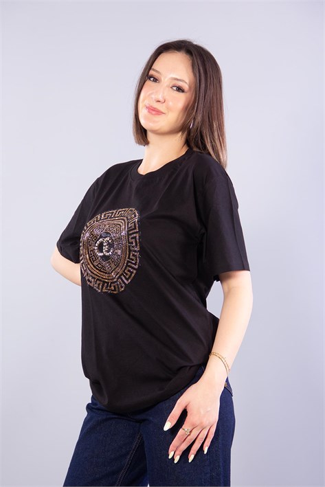 2001 Oc Taşlı Yuvarlak Desenli O Yaka T-shirt
