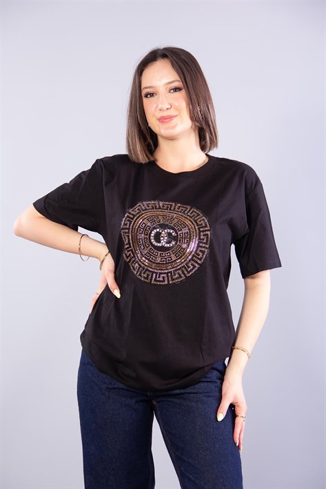 2001 Oc Taşlı Yuvarlak Desenli O Yaka T-shirt