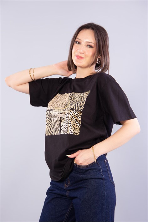 2002 Leopar Desenli Taşlı Leopard O Yaka T-shirt