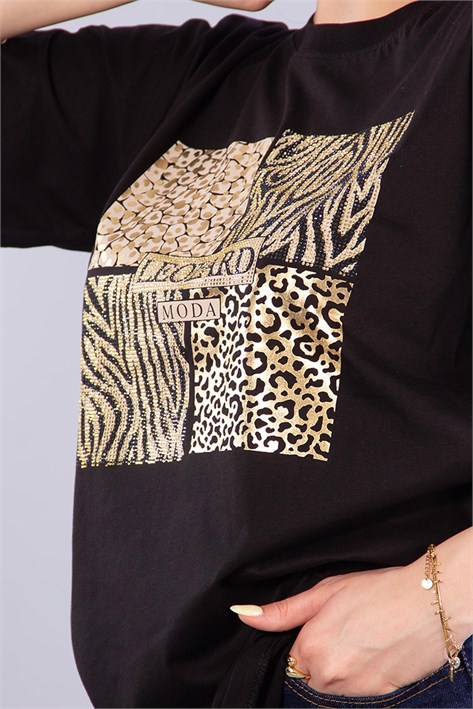 2002 Leopar Desenli Taşlı Leopard O Yaka T-shirt