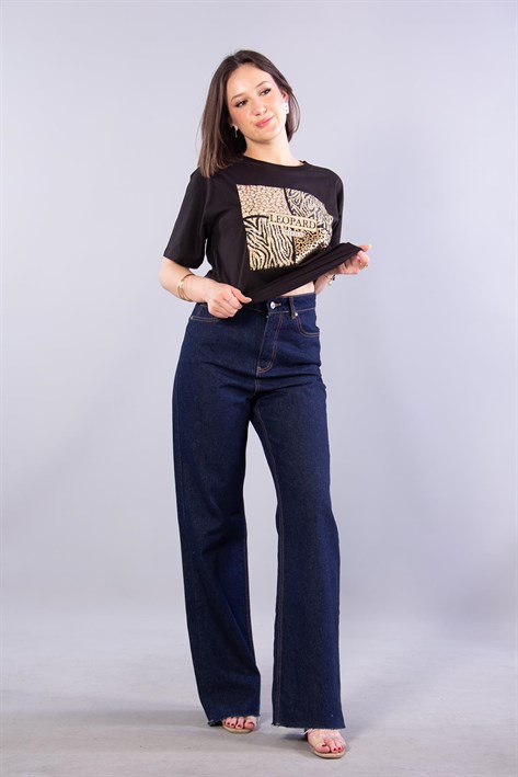 2002 Leopar Desenli Taşlı Leopard O Yaka T-shirt