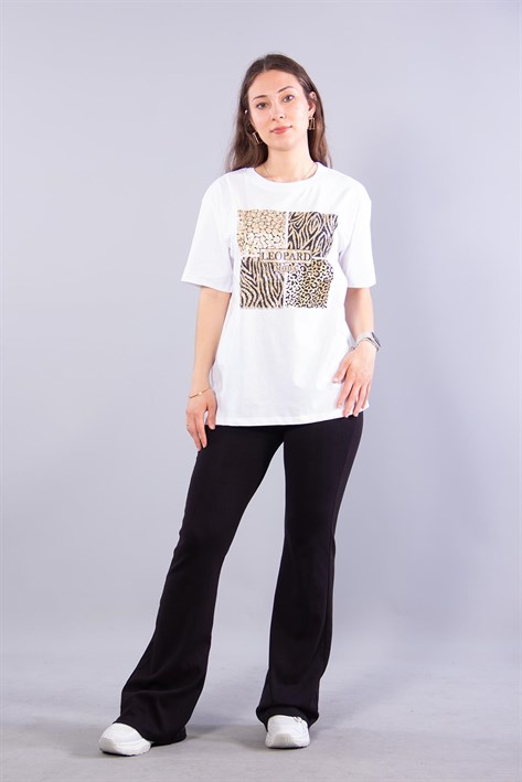 2002 Leopar Desenli Taşlı Leopard O Yaka T-shirt