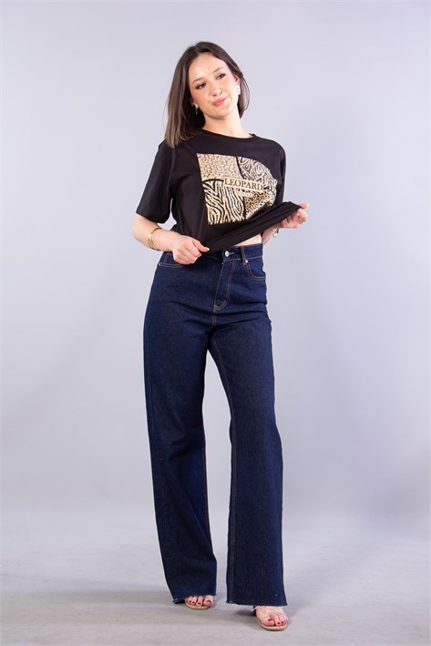 2002 Leopar Desenli Taşlı Leopard O Yaka T-shirt