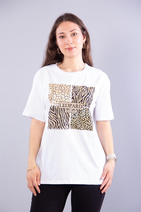 2002 Leopar Desenli Taşlı Leopard O Yaka T-shirt