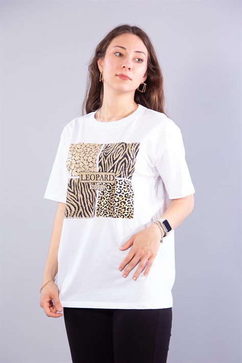 2002 Leopar Desenli Taşlı Leopard O Yaka T-shirt