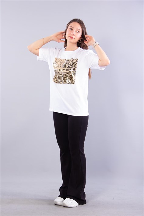2002 Leopar Desenli Taşlı Leopard O Yaka T-shirt