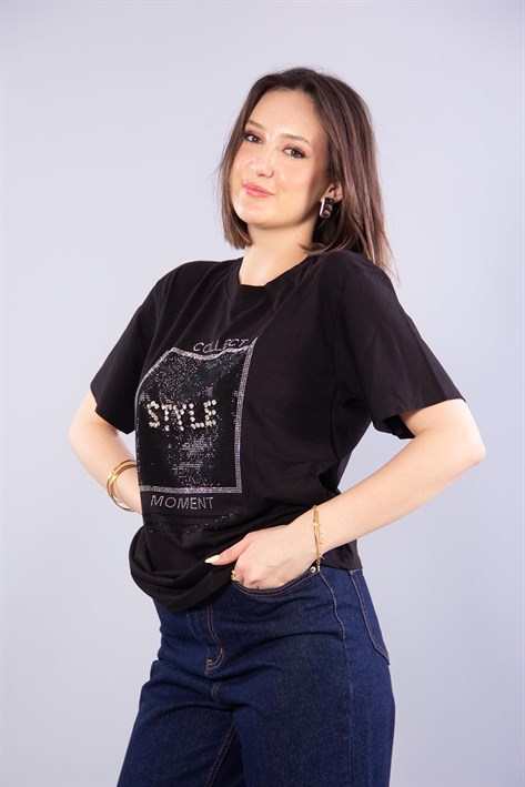 2007 Style Taşlı O Yaka T-shirt