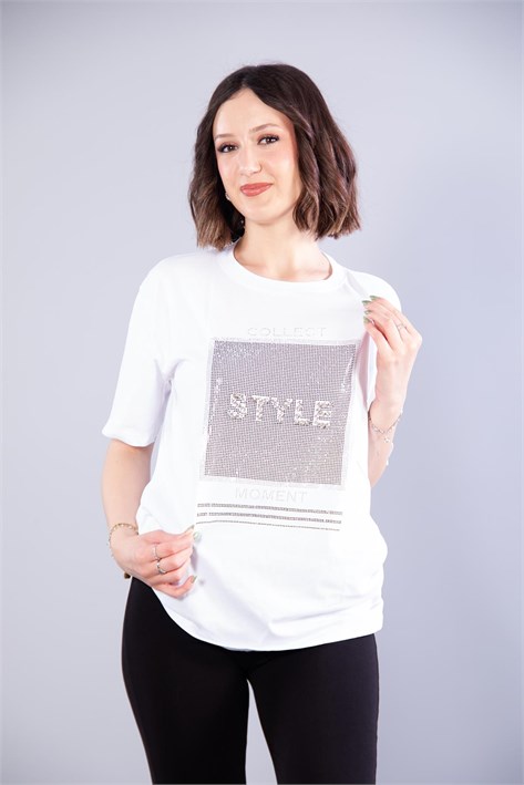 2007 Style Taşlı O Yaka T-shirt