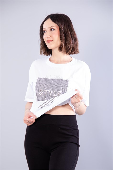 2007 Style Taşlı O Yaka T-shirt