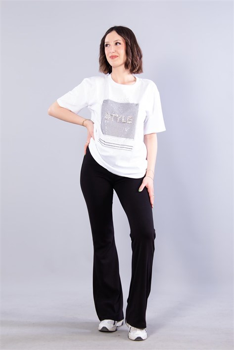 2007 Style Taşlı O Yaka T-shirt