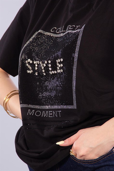 2007 Style Taşlı O Yaka T-shirt
