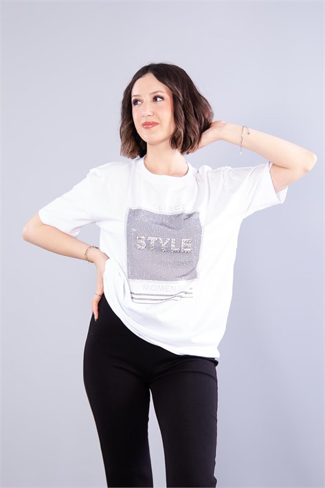 2007 Style Taşlı O Yaka T-shirt