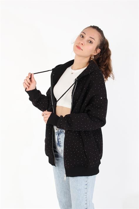 Sweatmckanzie26174 Taşlı Fermuarlı Kapşonlu Kanguru Cep Sweatkadınerkek