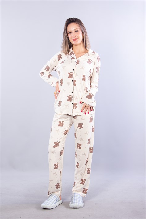 27019 Milan Soft Gömlek Yaka Ayıcık Desen Pijama Takımı