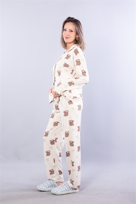 27019 Milan Soft Gömlek Yaka Ayıcık Desen Pijama Takımı