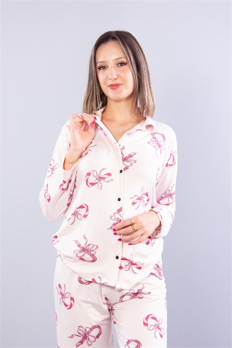 27022 Milan Soft Gömlek Yaka Şeker Kamış Desen Pijama Takımı