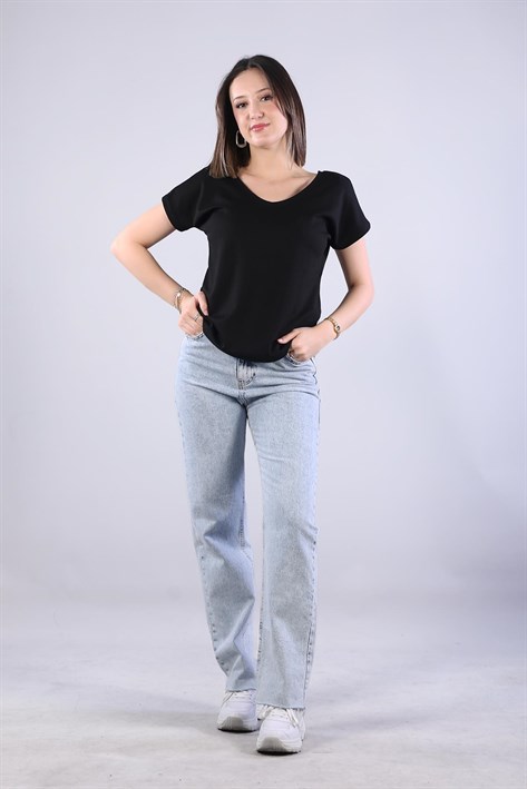 2962-1 Modal Kumaş Arkası Önü Derin V Yaka T-shirt