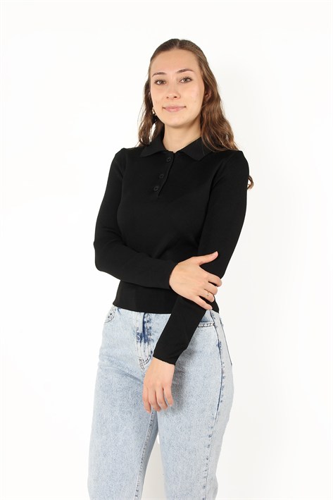 3019 Düğmeli Sade Polo Yaka Kazak