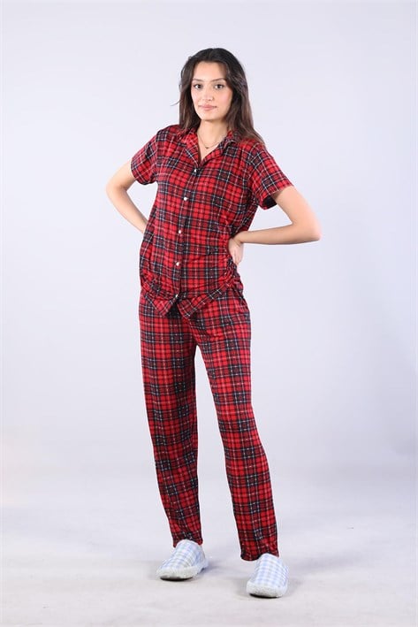 3116 Milan Gömlek Yaka Kısa Kol Üst Uzun Alt Pijama Takımı