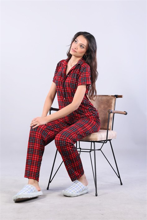 3116 Milan Gömlek Yaka Kısa Kol Üst Uzun Alt Pijama Takımı