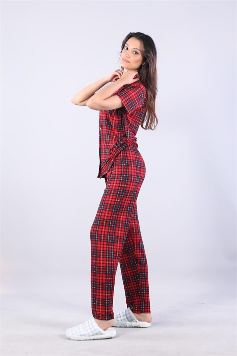 3116 Milan Gömlek Yaka Kısa Kol Üst Uzun Alt Pijama Takımı