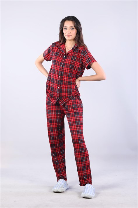 3116 Milan Gömlek Yaka Kısa Kol Üst Uzun Alt Pijama Takımı