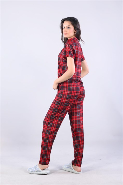 3116 Milan Gömlek Yaka Kısa Kol Üst Uzun Alt Pijama Takımı