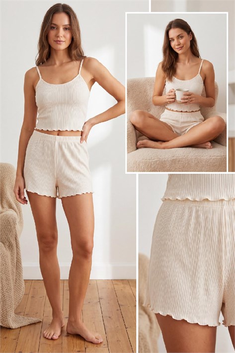 3407 İp Askılı Şortlu Pijama Takımı