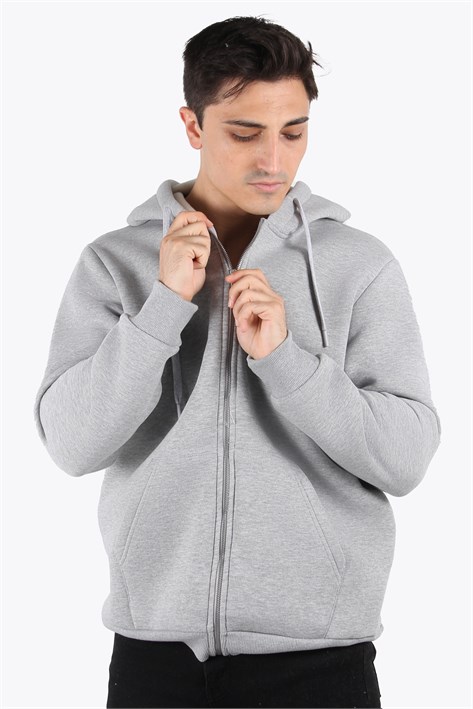 5487 Fermuarlı Kapşonlu Kanguru Cep 3 İplik Şardonlu Sweat