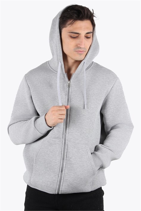 5487 Fermuarlı Kapşonlu Kanguru Cep 3 İplik Şardonlu Sweat