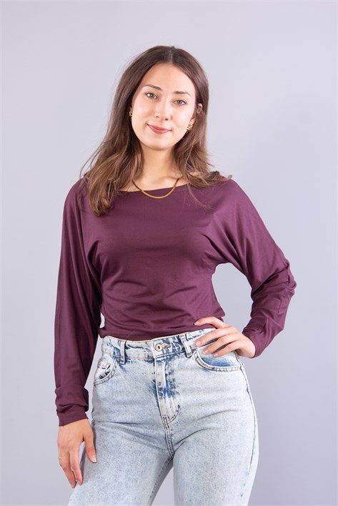6895 (N-2653) Kayık Yaka Yarasa Kol Bluz