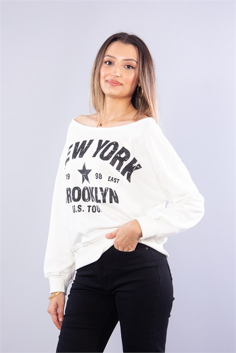 7056 Newyork Nakışlı Geniş Yaka Sweat