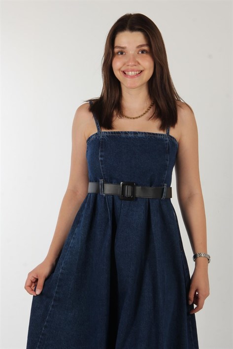 B3436 İp Askılı Belden Kemerli Uzun Elbise