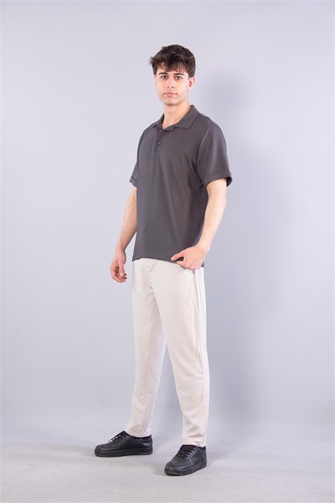 V7180 Modal Polo Yaka Düğmeli Kendinden Şeritli T-shirt