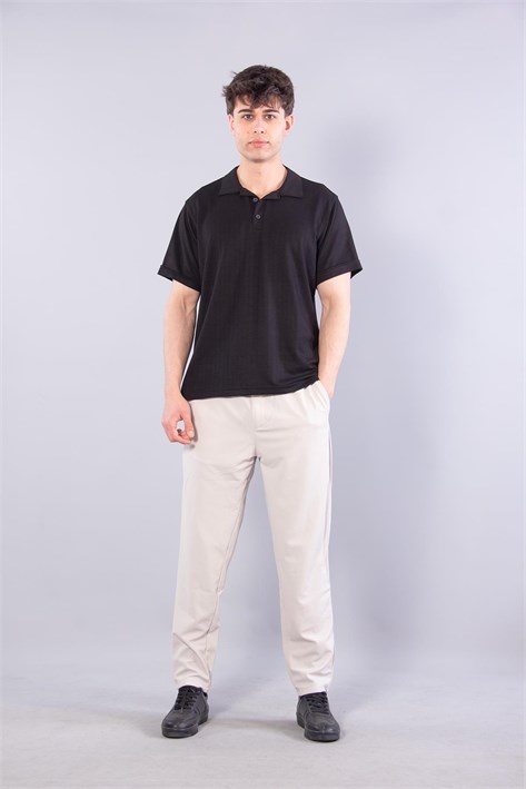 V7180 Modal Polo Yaka Düğmeli Kendinden Şeritli T-shirt