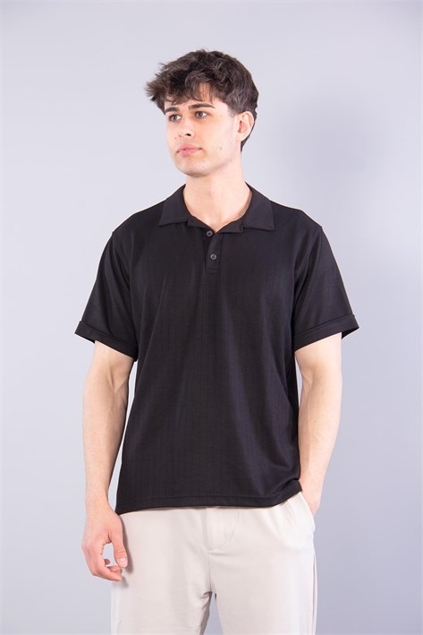 V7180 Modal Polo Yaka Düğmeli Kendinden Şeritli T-shirt