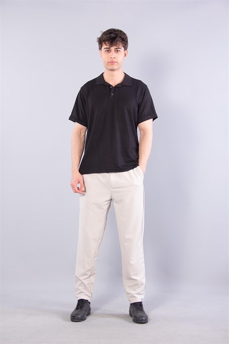 V7180 Modal Polo Yaka Düğmeli Kendinden Şeritli T-shirt