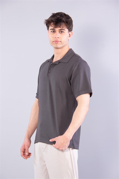 V7180 Modal Polo Yaka Düğmeli Kendinden Şeritli T-shirt
