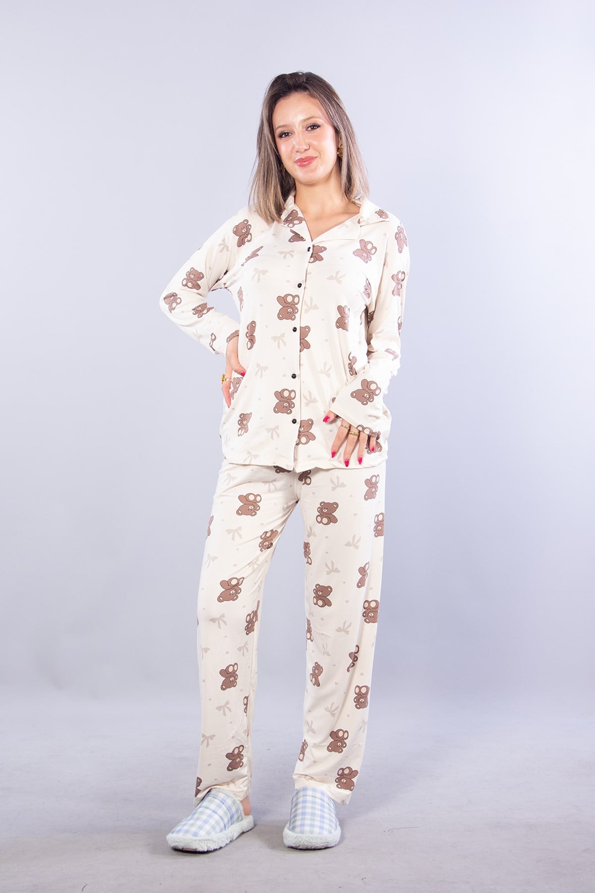 Pijama Takımımckanzie27019 Milan Soft Gömlek Yaka Ayıcık Desen Pijama Takımıkadınerkek