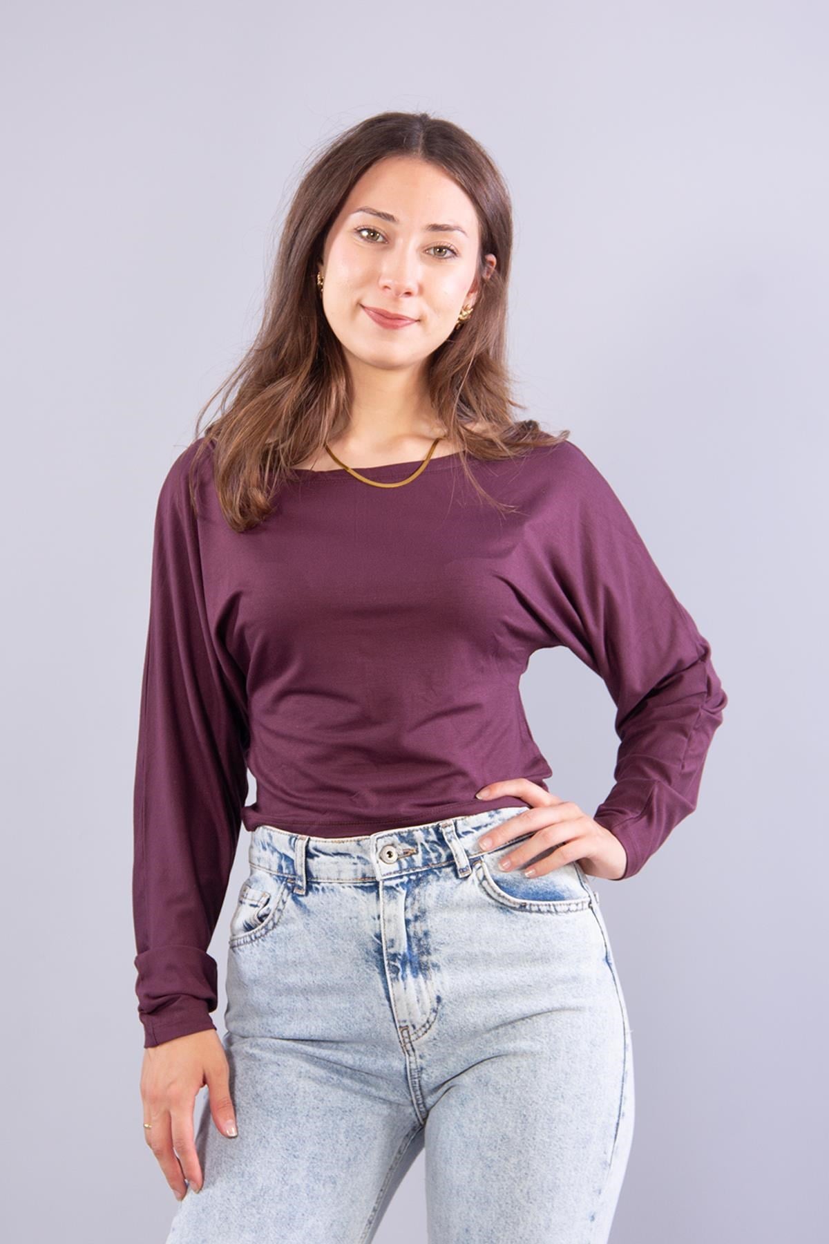 Bluzmckanzie6895 (N-2653) Kayık Yaka Yarasa Kol Bluzkadınerkek