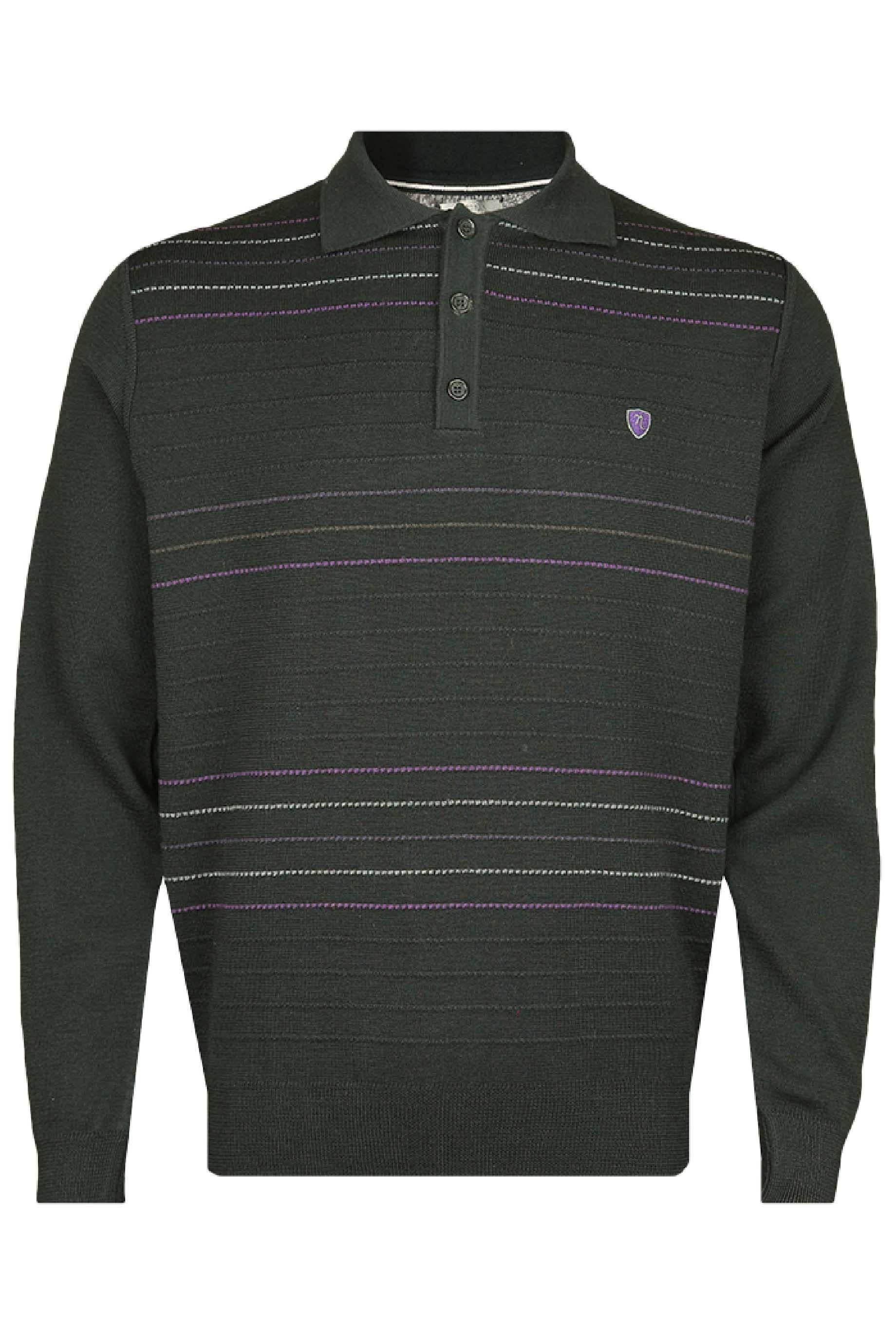 Büyük Beden Neyir Triko Çelik Örme Klasik Kalıp Çizgili Yünlü Siyah Polo Yaka Triko Kazak