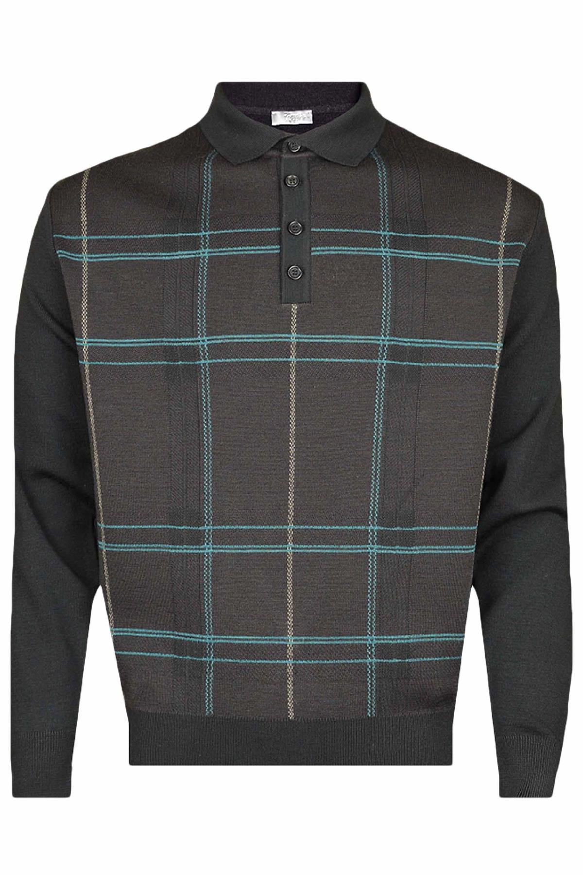 Neyir Triko Çelik Örme Klasik Kalıp Jakar Desenli Yünlü Siyah Polo Yaka Triko Kazak