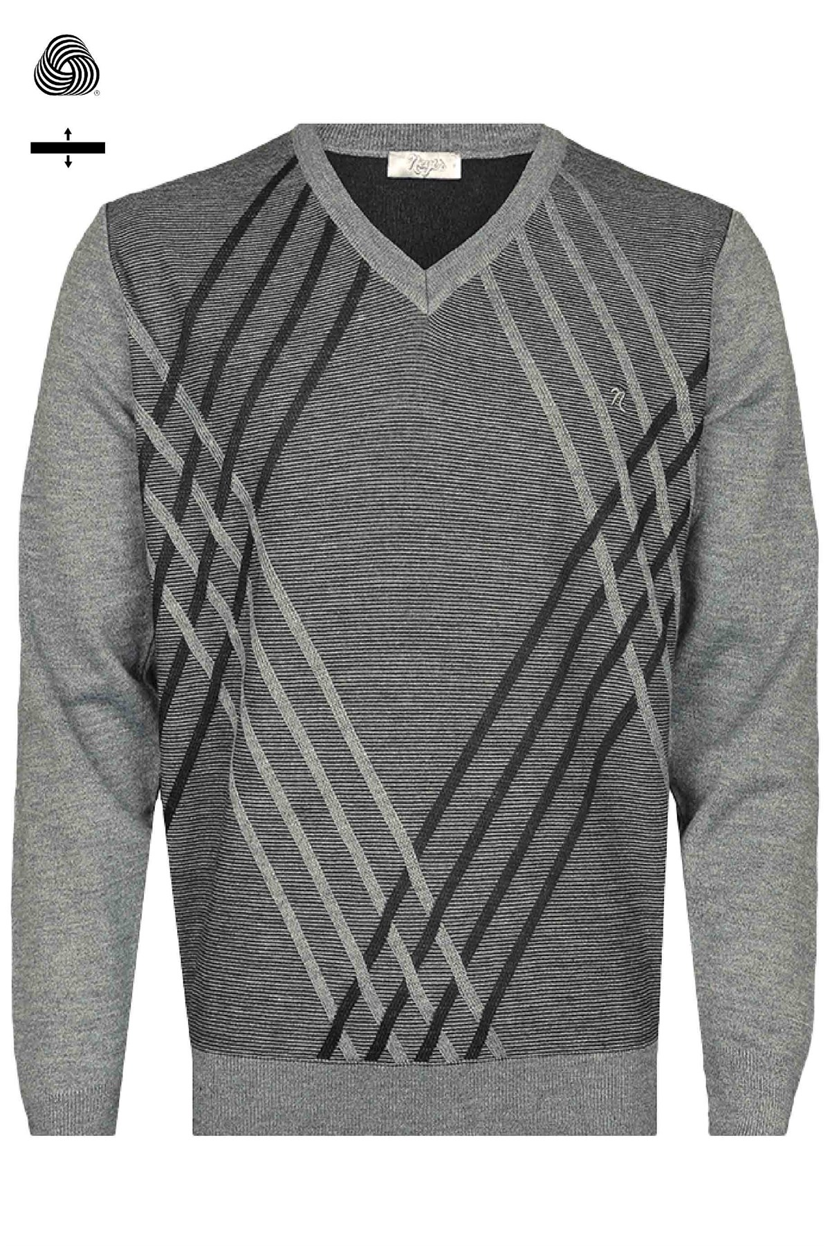 Neyir Triko Çelik Örme Klasik Kalıp Yünlü Orta Gri V Yaka Tasarım Triko Kazak