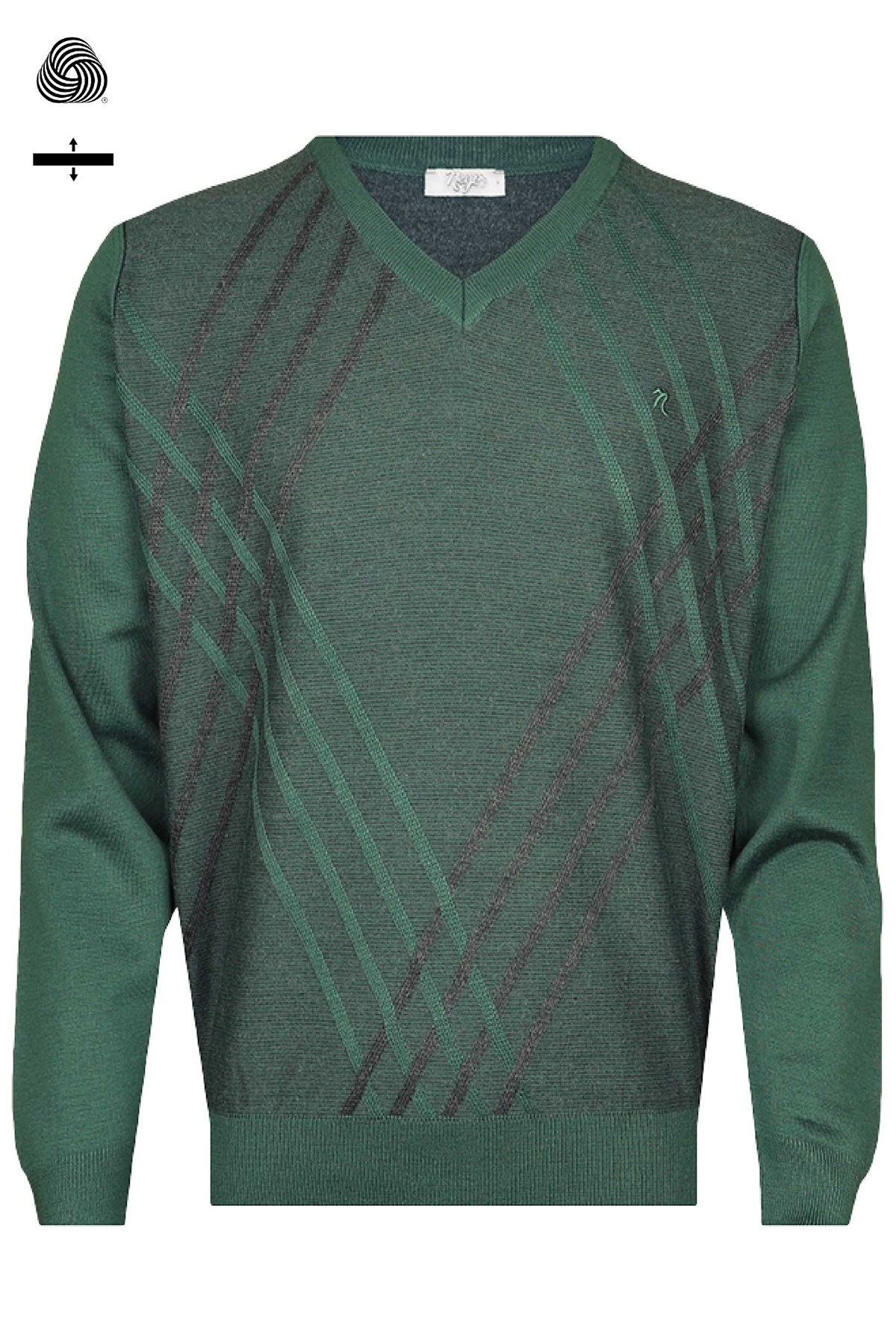 Neyir Triko Çelik Örme Klasik Kalıp Yünlü Koyu Yeşil V Yaka Tasarım Triko Kazak
