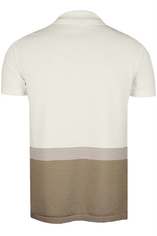 İki Renkli Çizgili Tasarım Beyaz Triko Tişört
