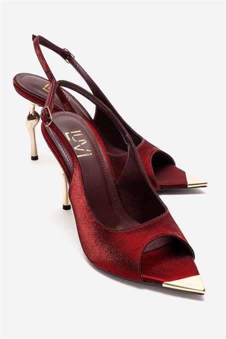 80-9099-2-BORDO SATENAMORE Bordo Saten Metal Detaylı Kadın Topuklu Ayakkabı