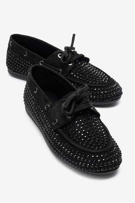193-507-1-SIYAH SUETANNEX Siyah Süet Taşlı Kadın Loafer Ayakkabı